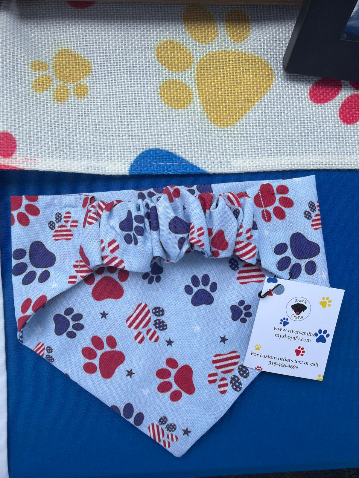 Red, white & blue paw print scrunchie dog bandana