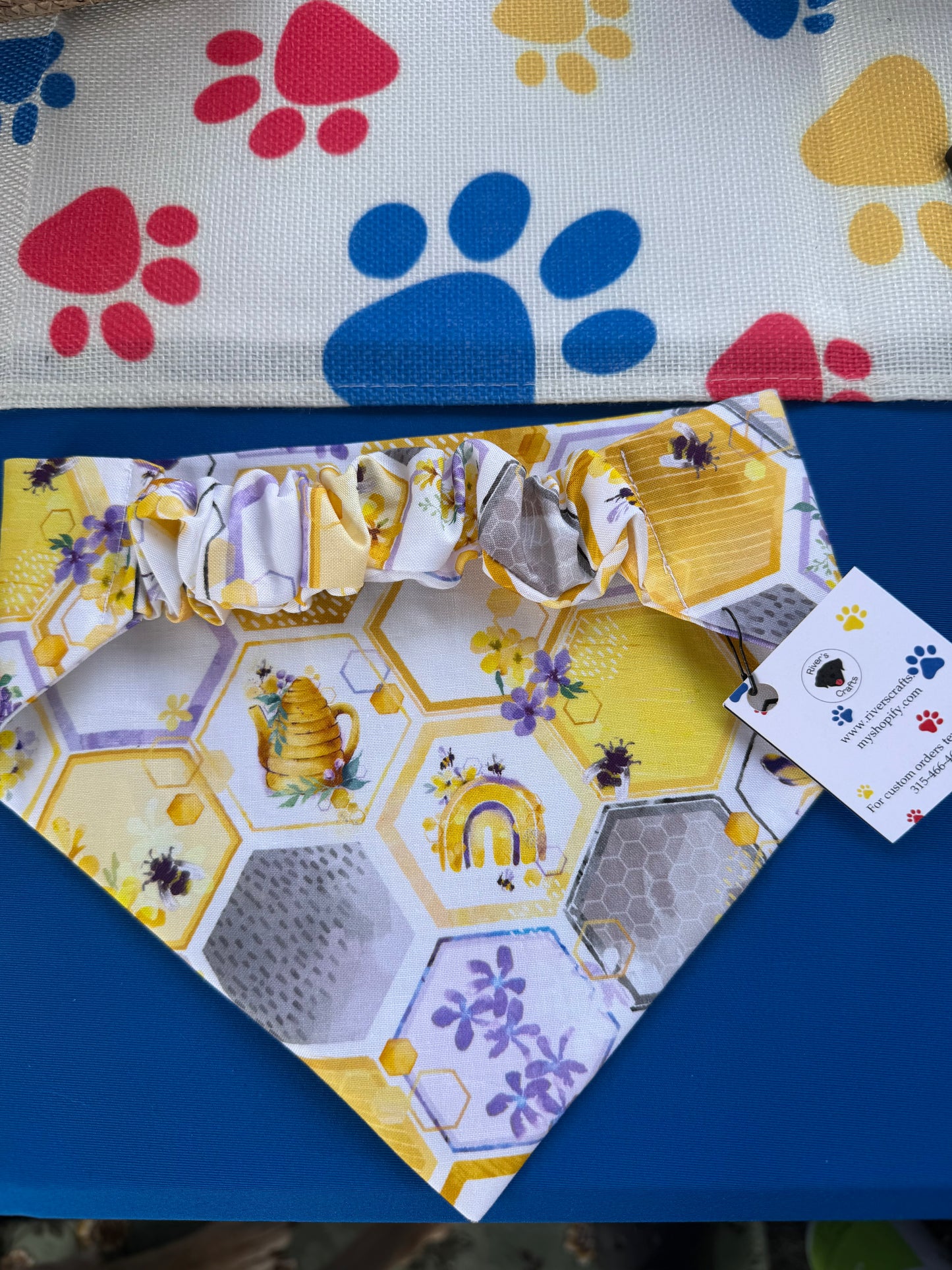 Yellow Bee & honeycomb scrunchie dog bandana