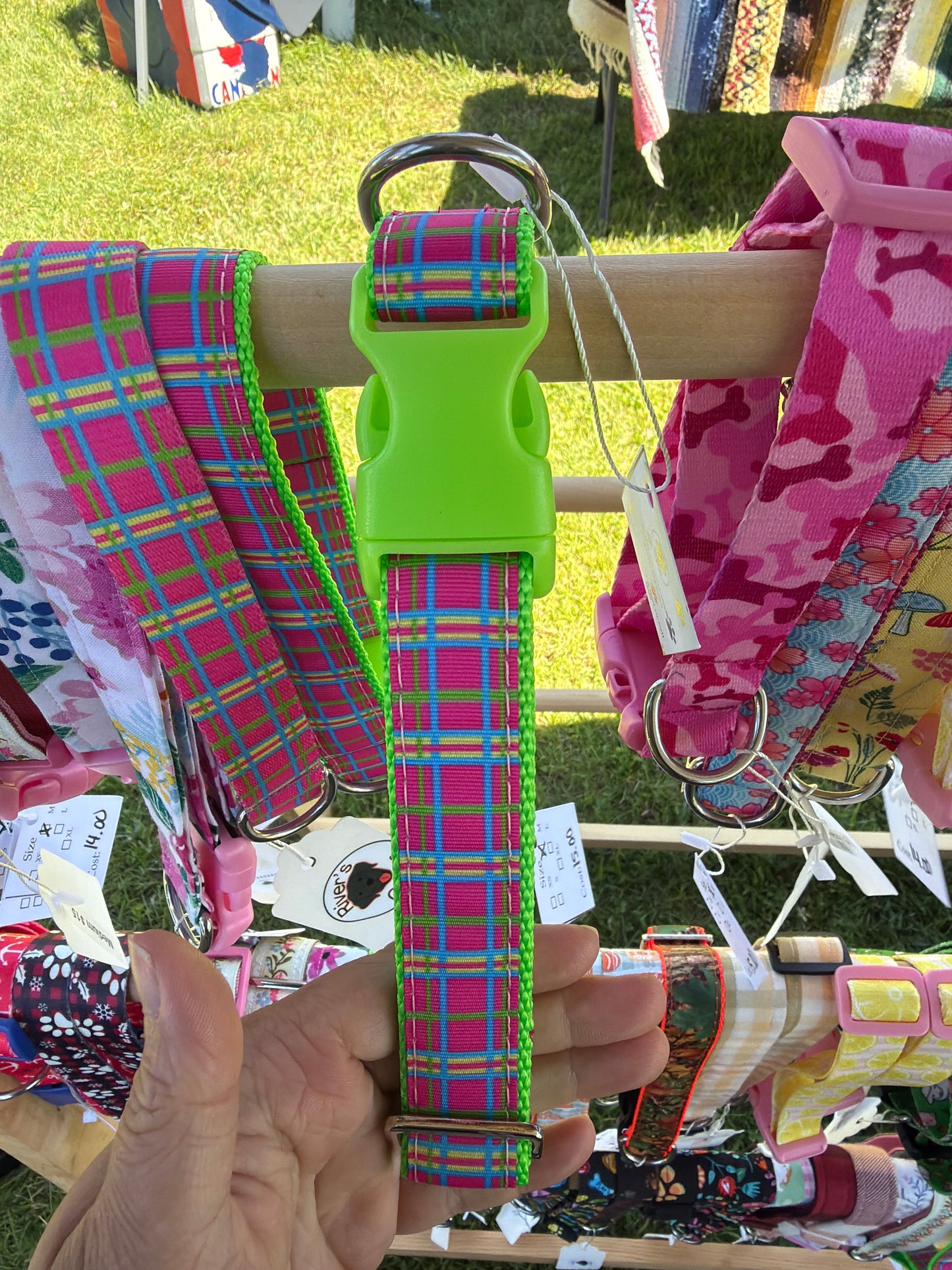 Pink Plaid on Neon Green nylon webbing