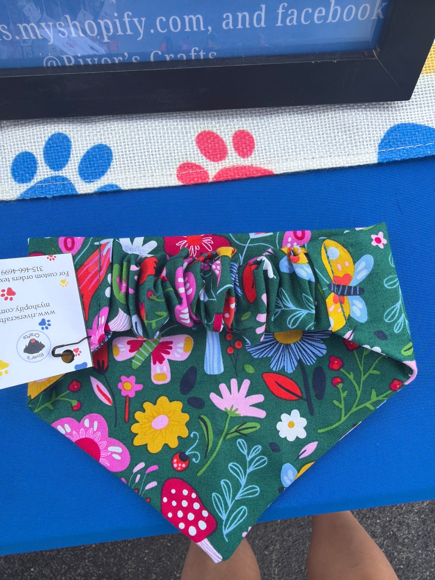 Teal mushroom scrunchie dog bandana