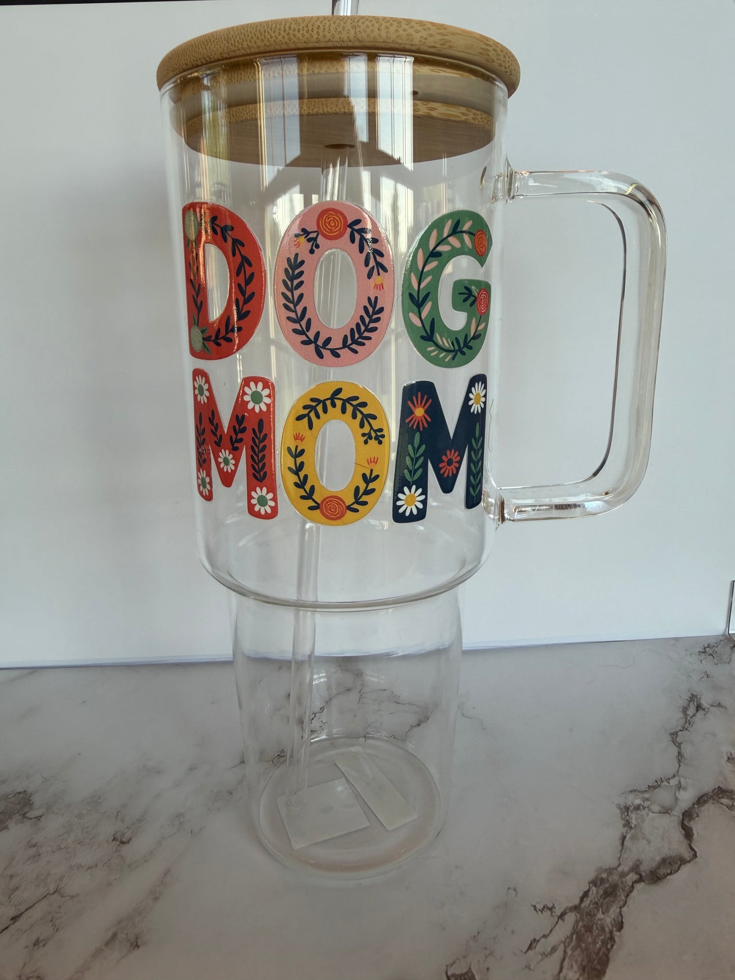 "Dog Mom" Glass Tumbler with Handle