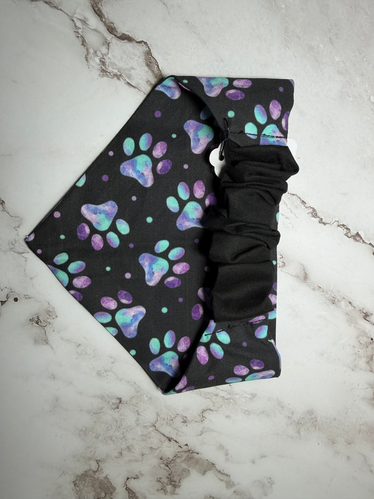 blue and purple paw print scrunchie dog bandana