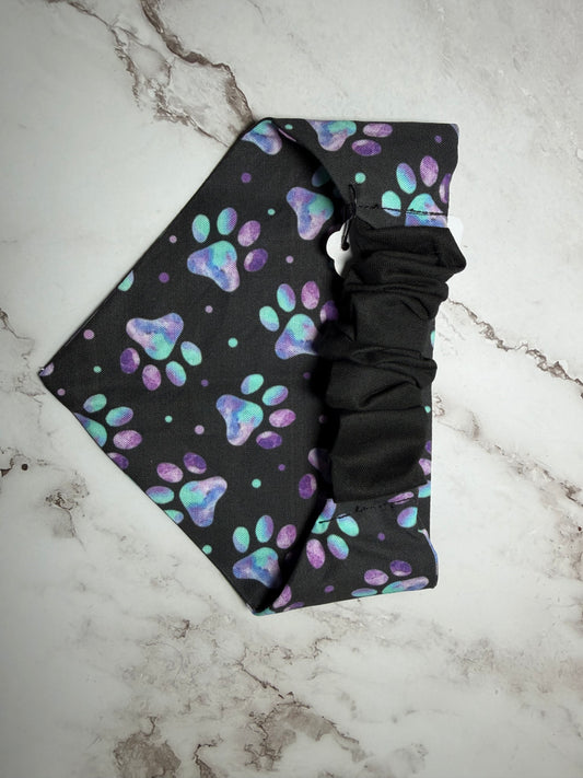 blue and purple paw print scrunchie dog bandana