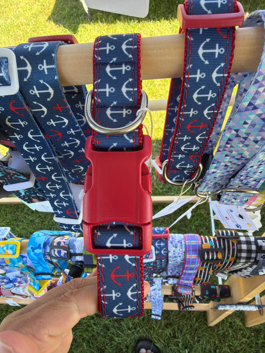 Blue Anchors on Red webbing dog collar