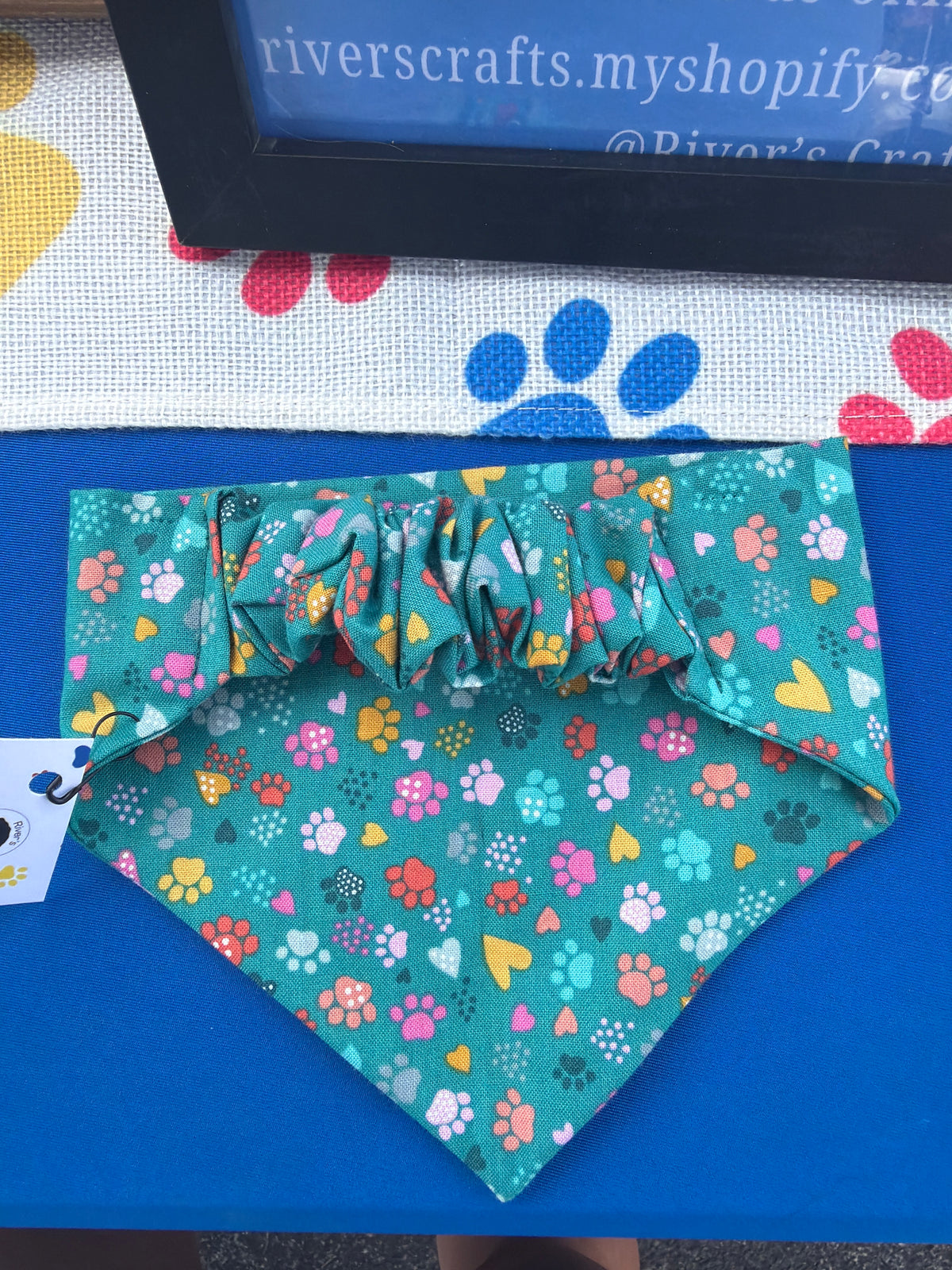 Teal Pawprint Scrunchie Dog Bandana