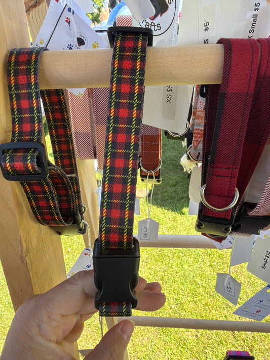 Red & yellow plaid nylon webbing dog collar