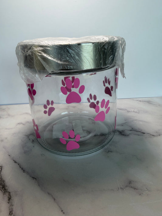 Pink Paw Print Glass Dog Treat Jar