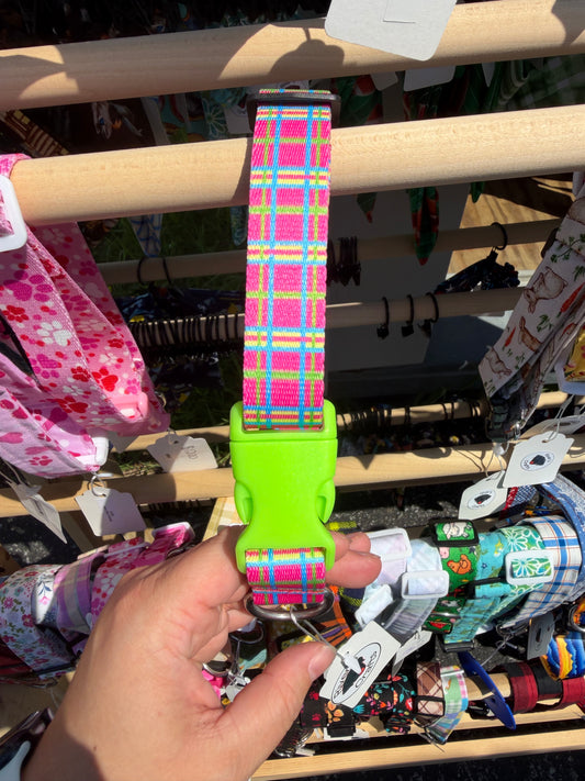 Neon Pink Plaid Webbing Dog Collar