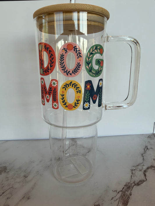 "Dog Mom" Glass Tumbler with Handle