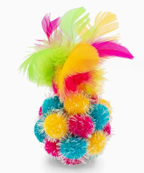 Thoozypet Colorful Sparkle Pom Pom Ball w/ Feathers Cat Toy